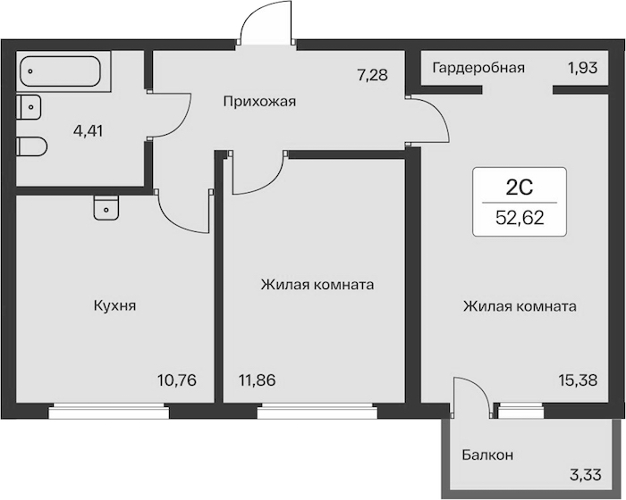 2-комнатная квартира 52.62 м², 8/11 эт., ЖК «Расцветай в Янино»